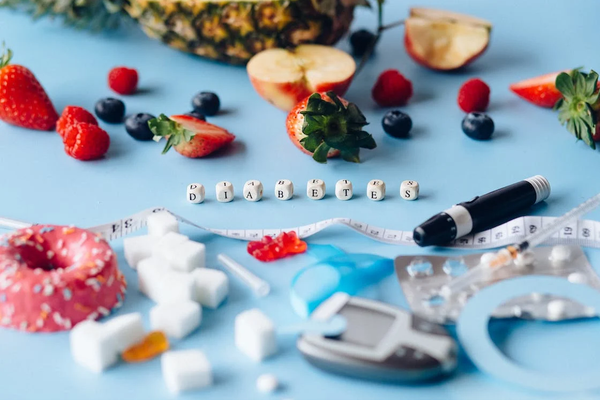 Fruits, a doughnut, sugar cubes and a smart pen laid out on a table